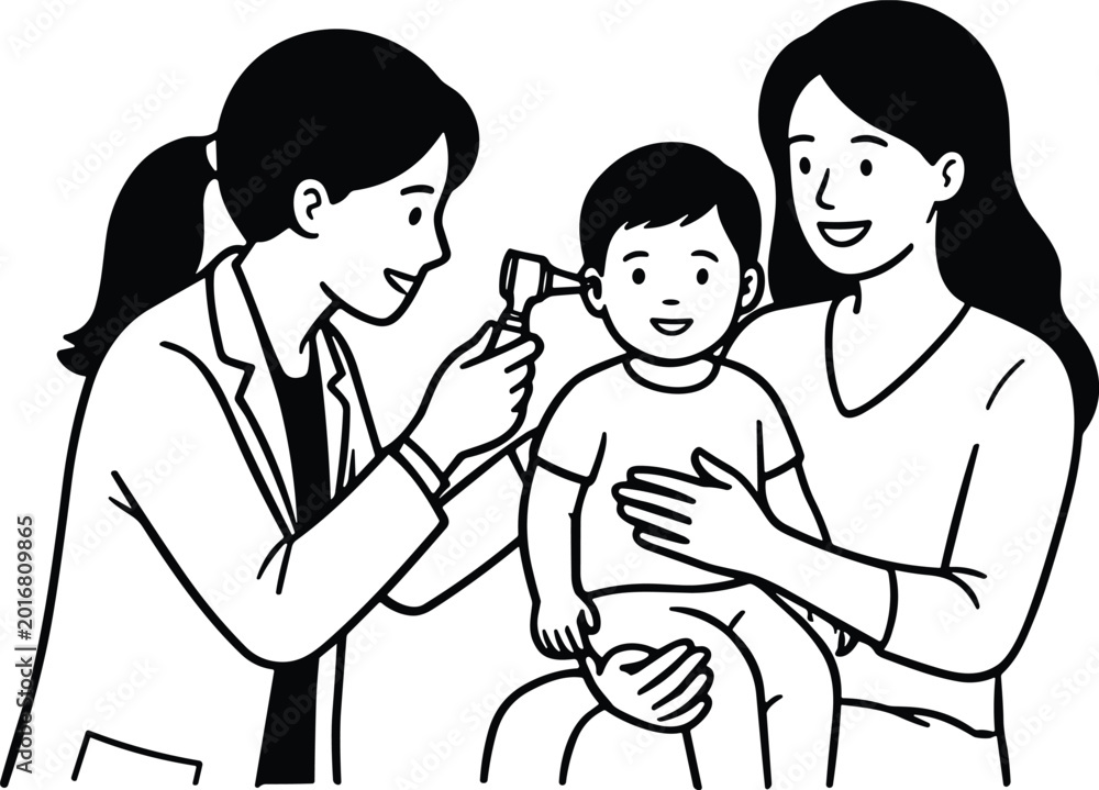 Fototapeta premium Pediatric check-up illustration with ear examination