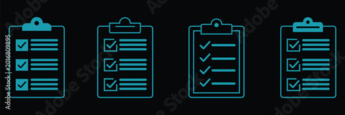 Four cyan clipboard with checklists and checkmarks on a solid black background blue