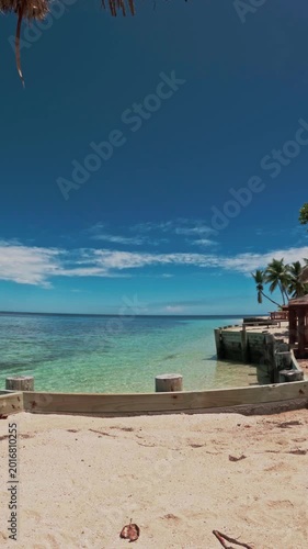 Vertical footage a peaceful tropical shoreline featuring crystal clear turquoise water