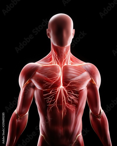 Human muscular system 3D render with glowing anatomical arteries