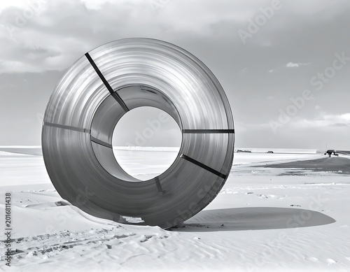 A large metal coil sits on a snowy landscape
