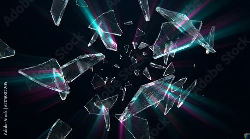 Exploding broken glass shards with glowing cyan and magenta light rays on a dark black background