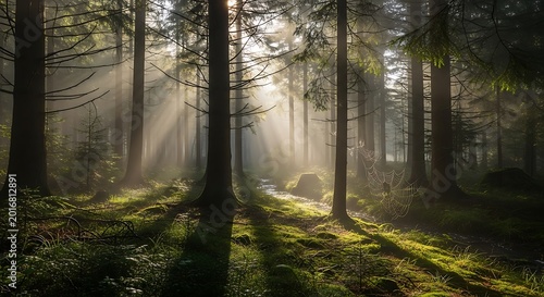 Misty Forest Sunlight Rays Serene Nature Landscape with Sunbeams