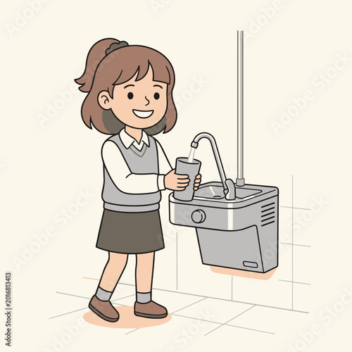 Young Girl Filling Water Cup at School Drinking Fountain