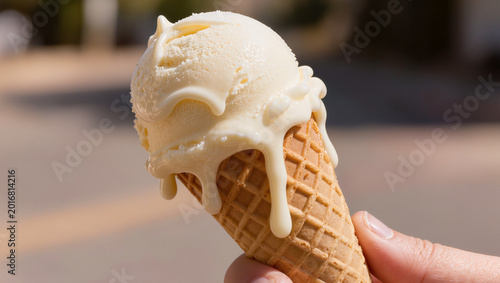 Photos Hand holding melting vanilla ice cream scoop in waffle cone with cream dripping