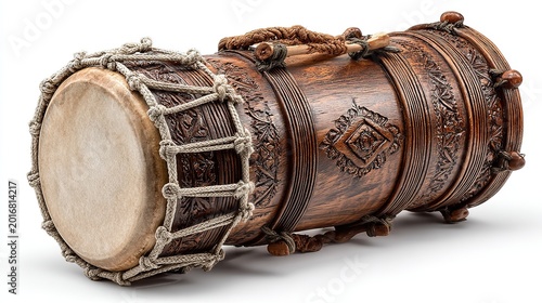 Traditional Senegalese sabar drum featuring rope-tuned skin membrane and intricately carved wood body, isolated on clean white background. 