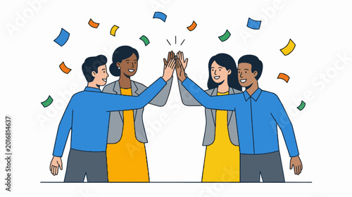Diverse Business Team Celebrating Success with High Fives and Confetti.
