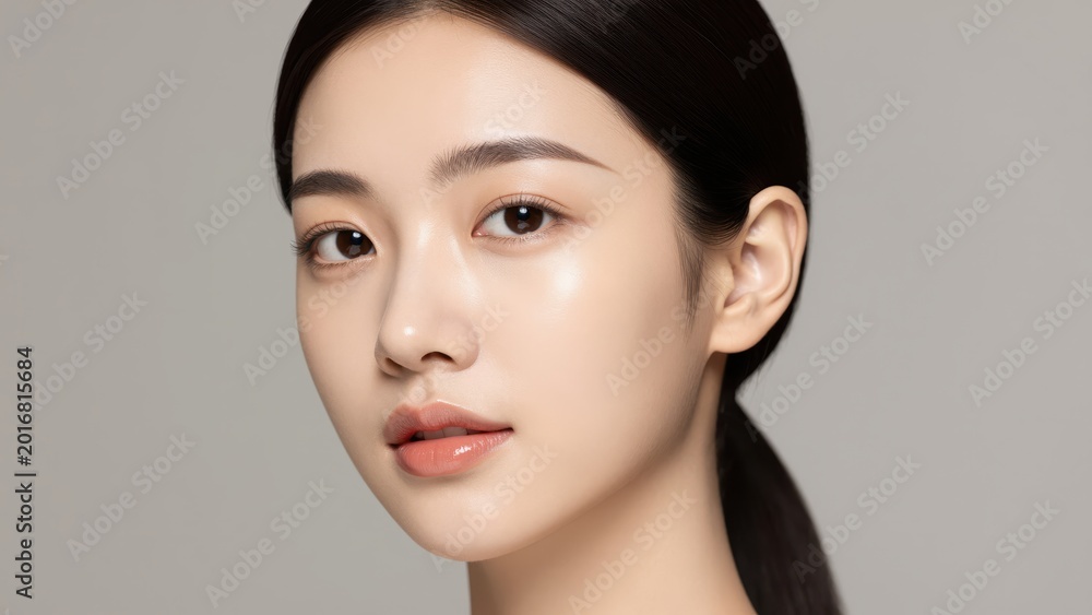 Fototapeta premium Radiant Beauty: A close-up shot of a poised individual, exuding elegance and serenity, with a perfect complexion and soft features.