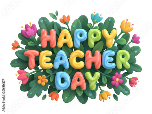 Happy teacher day 3d lettering with colorful flowers and green leaves isolated on transparent background