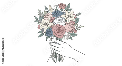 Hand holding bouquet of flowers.