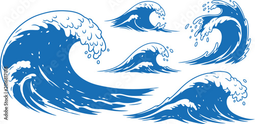 Quadro su tela Collection of stylized blue ocean waves with crashing powerful illustration coll