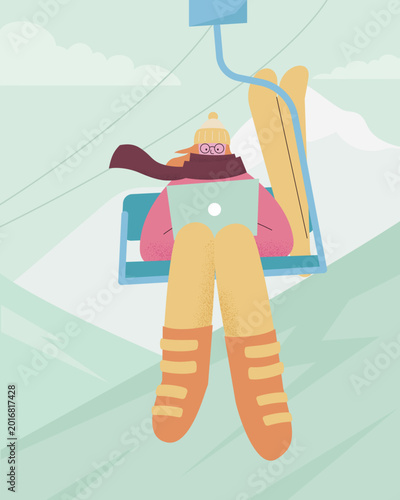 vector illustration of woman digital nomad working on ski high mountain snow high