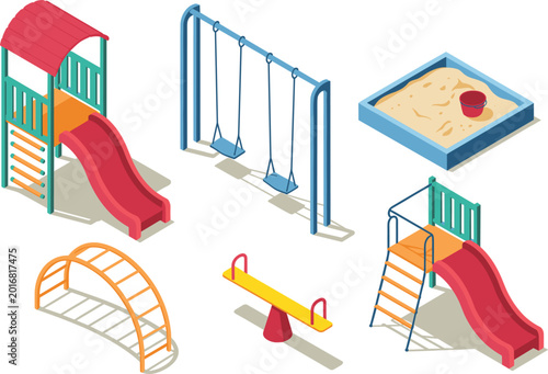 Bild auf Leinwand Children playground equipment set, slides swings sandbox seesaw isometric vector