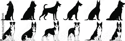 Bild auf Leinwand Six black dog silhouettes and six black and white dog