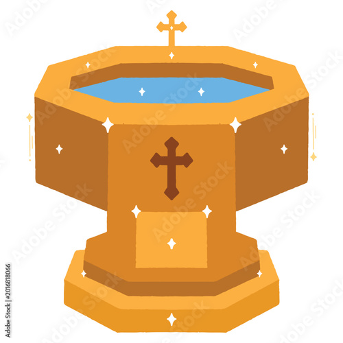 Tableau sur toile Ceremonial stone font with golden details for the holy sacrament of baptism in church