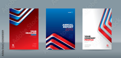 Foto Modern cover template featuring dynamic 3D red and navy blue geometric ribbons on blue, red and white backgrounds