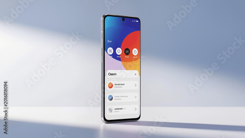 Smartphone standing on white surface.
​Vibrant abstract wallpaper on screen.
​Clean mobile user interface design.
​Soft diagonal lighting and shadows.
​Sleek silver frame and bezel.