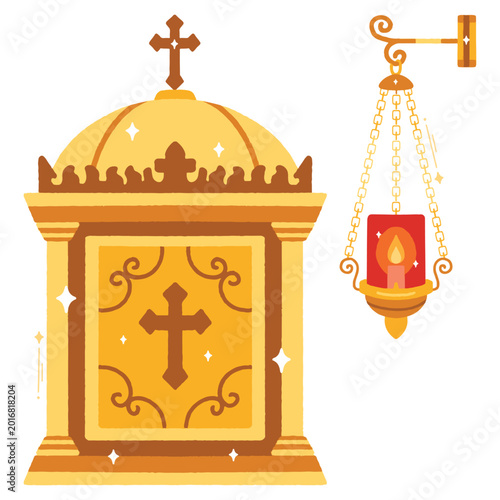 Schilderij op canvas Holy golden reliquary paired with a traditional hanging sanctuary lamp for sacred church
artifacts