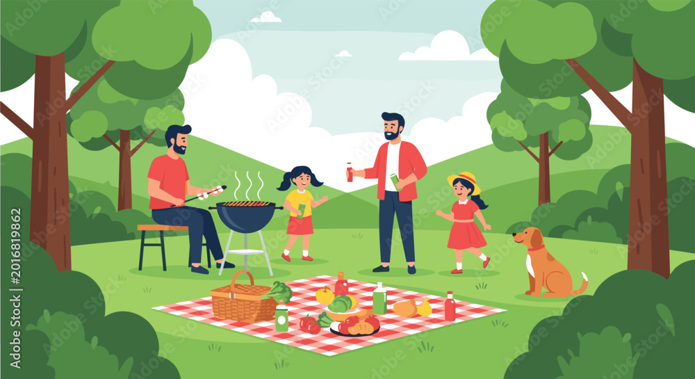 Fototapeta premium Happy family enjoys a summer barbecue picnic in a green park with a dog, grilled food, and a colorful blanket spread on the grass.