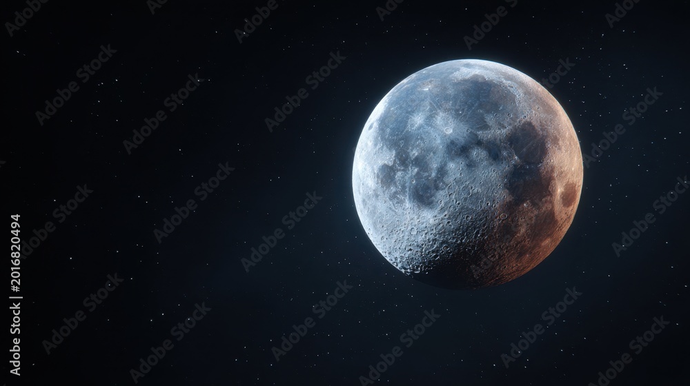 Fototapeta premium Detailed moon surface with craters against dark starry sky