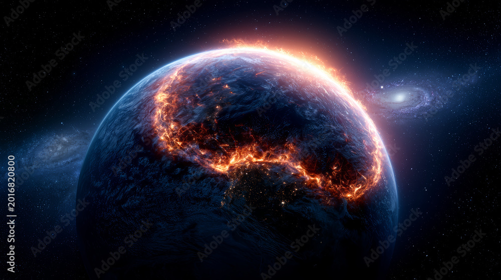 Obraz premium Burning earth planet apocalypse fire space galaxy destruction climate disaster flame atmosphere glow night universe cosmos nebula star orbit