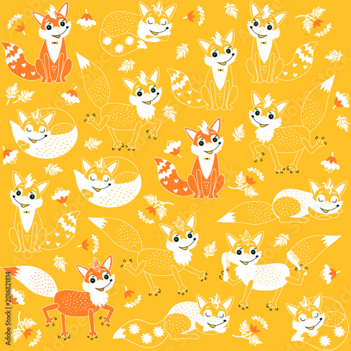 Beautiful foxes in yellow, orange and white colors. Seamless pattern. Print f...