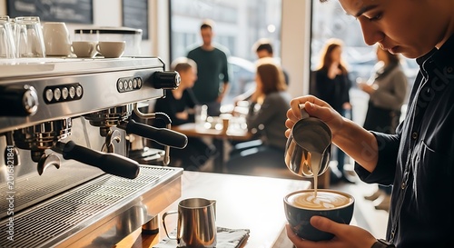 Professional Barista Preparing Latte Art in a Busy Coffee Shop