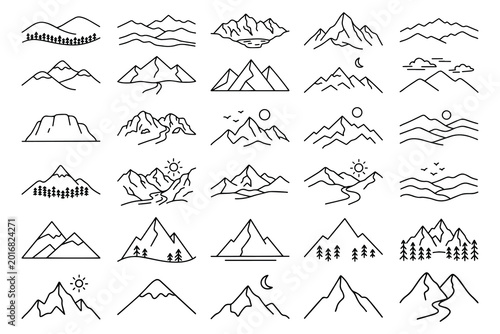 Minimal mountain landscape line art set with nature scenery outlines