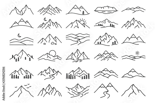 Minimal mountain landscape line art set with nature scenery outlines