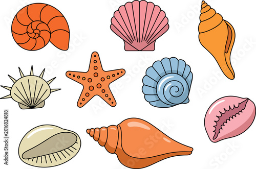 Foto Colorful seashells and starfish vector collection featuring various ocean mollus
