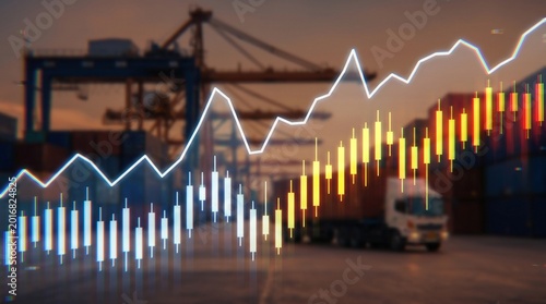 Trucking and land logistics transportation with stock market growth. Financial chart overlay on cargo trucks at shipping terminal. Distribution network and supply chain economy concept.