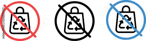 Billede på lærred Set of prohibited plastic bag icons with recycle symbol and strike through circl