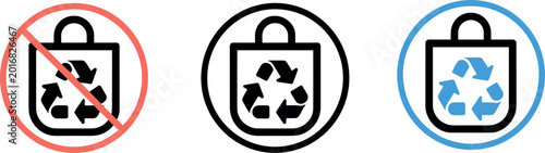 Fotografi Set of prohibited plastic bag icons with recycle symbol and strike through circl