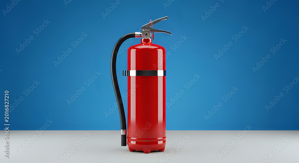 Fototapeta premium Red fire extinguisher with a black hose and nozzle against a blue background, safety equipment