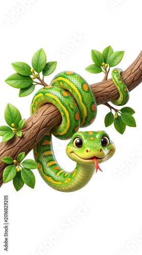 A vibrant green snake coiled on a tree branch with leaves looking forward