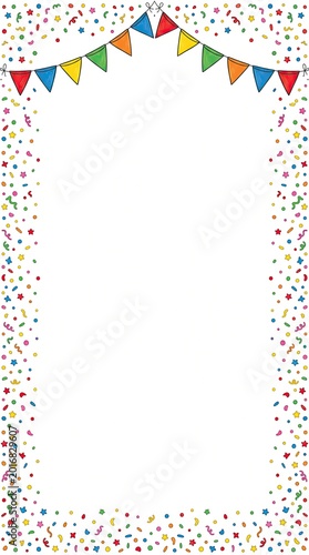 Colorful party decorations with triangular flags and confetti frame empty space