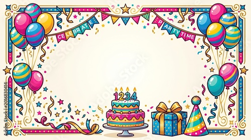 Vibrant birthday scene with cake, presents, and decorations indoors