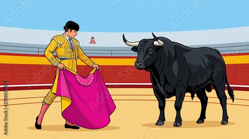 Matador performing bullfighting with cape in arena in Spain