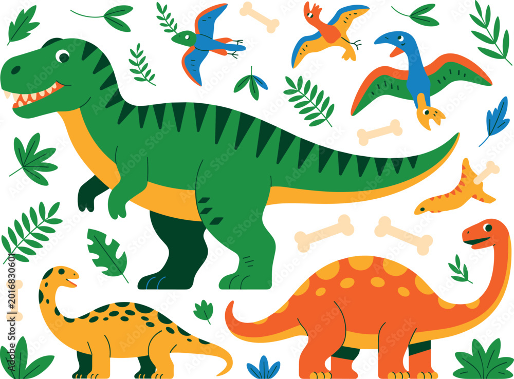 Fototapeta premium Cute dinosaur collection set featuring Tyrannosaurus Rex Brachiosaurus and Pterodactyl with tropical leaves and bones on white background