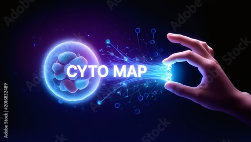 A hand interacts with a glowing CYTO MAP graphic in a dark environment