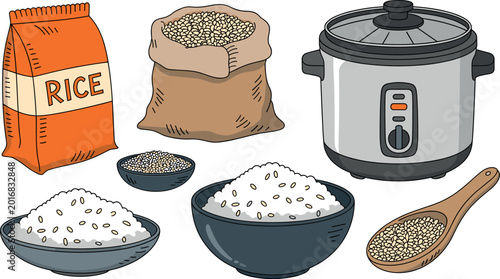 Fotografía Set of flat vector illustrations featuring white rice in bowls, rice cooker appl