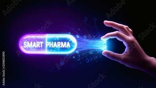 A hand holds glowing smart pharma capsule with questions