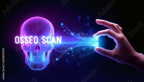 Hand interacts with glowing skull and OSSEO SCAN technology