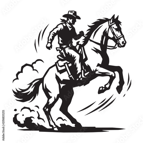 Vintage cowboy riding a galloping horse vector, wild west equestrian silhouette, black and white western rancher on stallion, rustic rodeo mascot