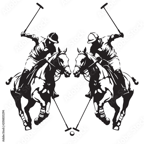 Vintage polo players on horseback vector illustration, black and white equestrian sport silhouette, classic horse polo match emblem for logo design