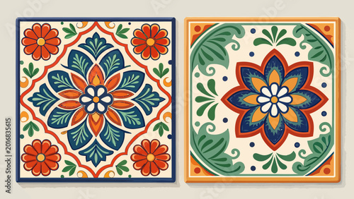 Two decorative ceramic tiles with floral motifs and intricate patterns decorative intricate colorful traditional illustration background symmetry ornament handcrafted tilework collection