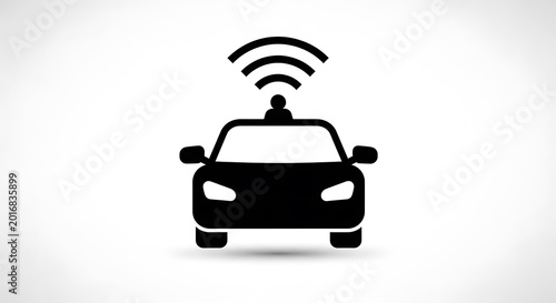 A minimalist black icon representing a connected autonomous vehicle with wireless signal waves