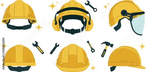 Canvas Print Flat vector illustration set of yellow construction hard hats safety helmets wit