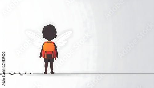 Minimalist illustration of a hopeful young student with delicate wings and an orange school bag, standing on a pathway, embodying educational dreams, personal growth, and a future full of potential
