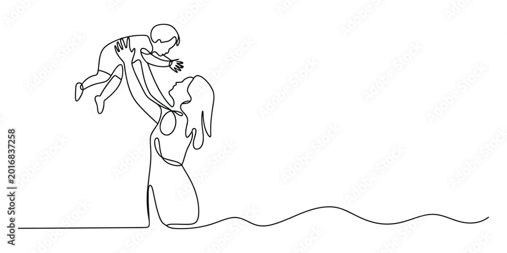 Fototapeta premium Mother holding her baby in continuous line art drawing